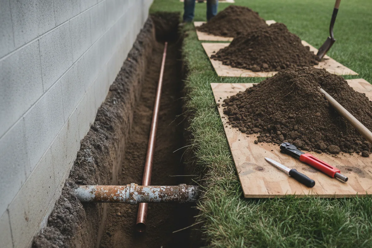 Excavated water line trench during Water Softener Installation in New Brunswick